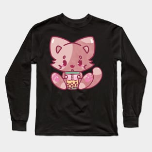 Cat bubble tea kawaii cute adorable chibi hand painted Long Sleeve T-Shirt